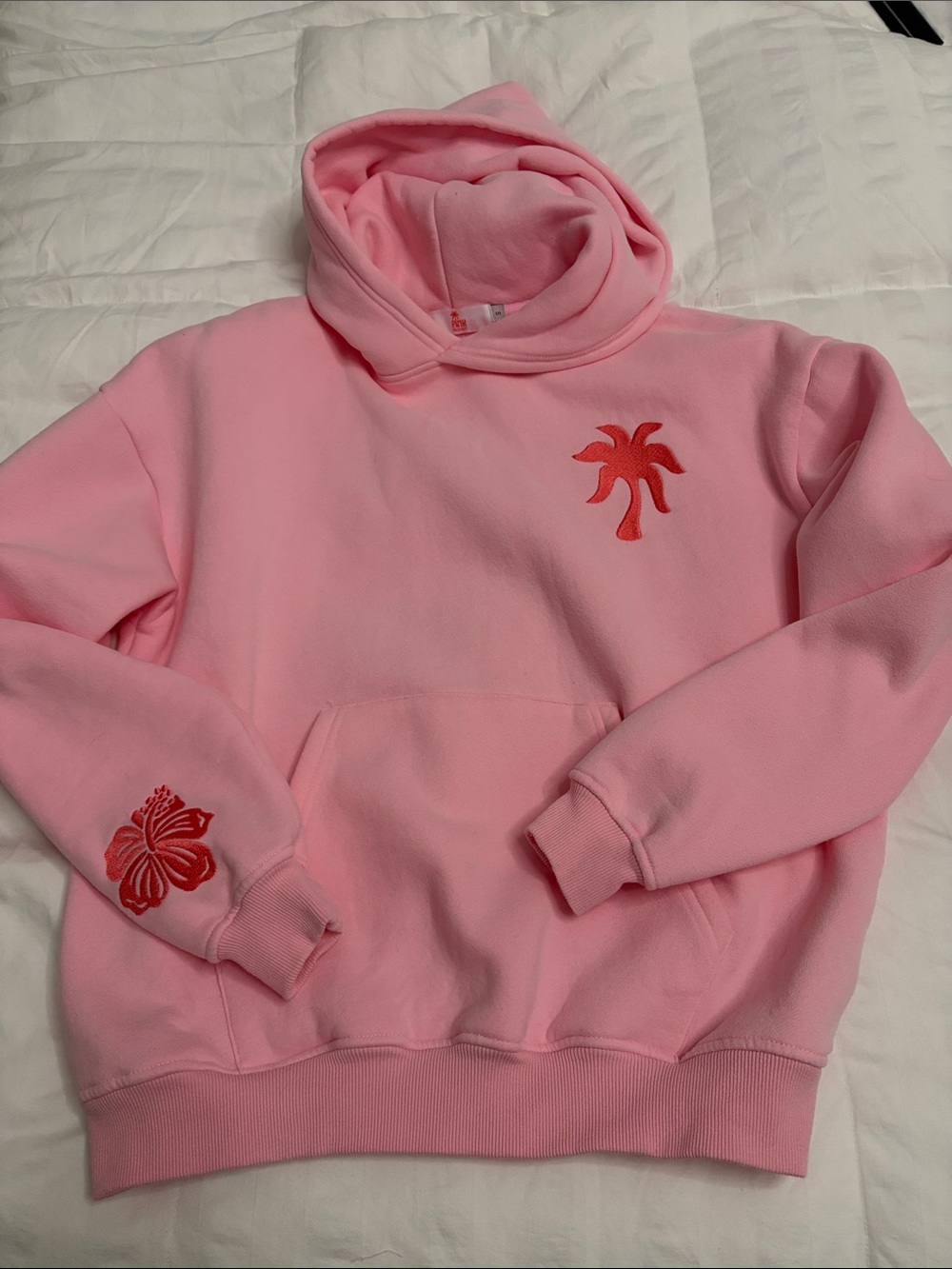 Pink Hooded Pullover Sweatshirt with Red Palm Embroidery